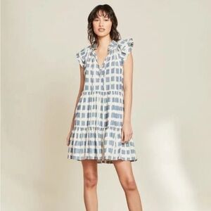 Veronica Beard Zee Ikat Ruffle Flutter Sleeve Cotton Dress Blue Size 6